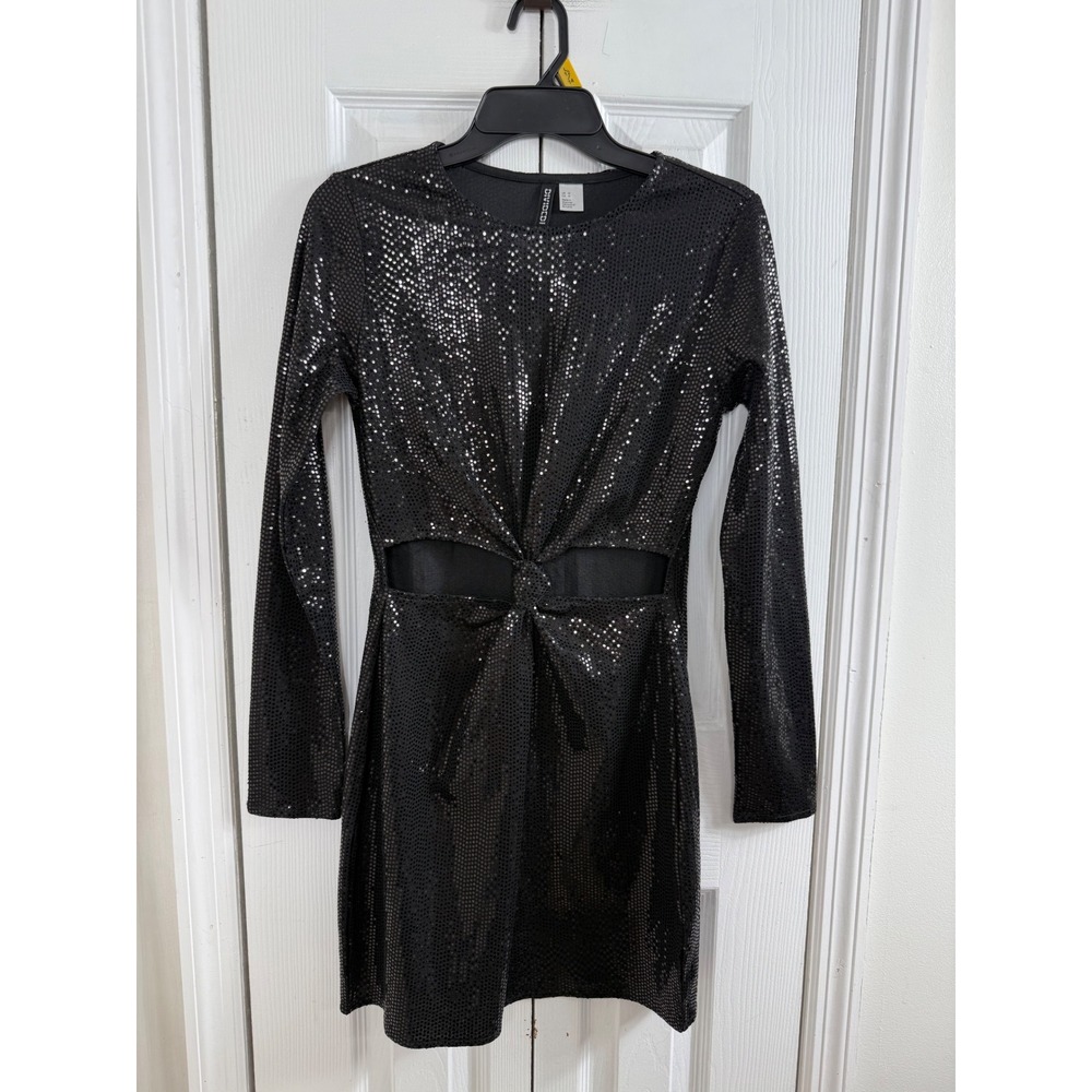 H&M Divided Sequin Cutout Mini Dress M Black Y2K Glam Party Night Out Bodycon